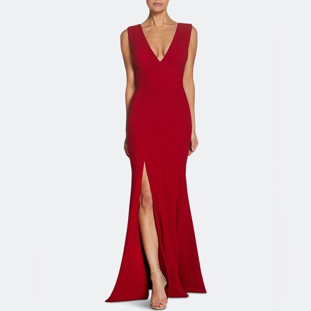 Dress The Population Sandra Plunge Crepe Trumpet Gown Size L Nwot In Garnet Red